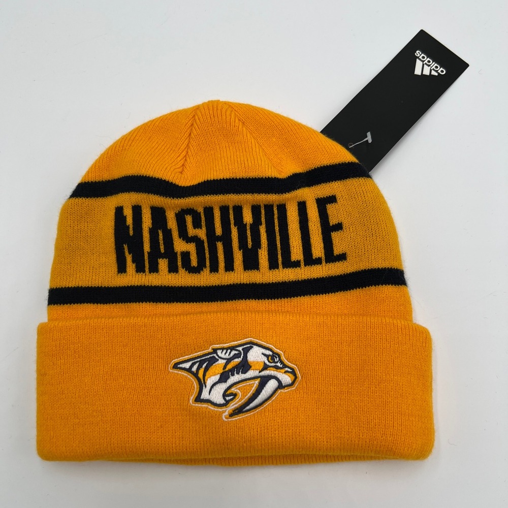 Adidas Nashville Predators NHL Cuffed Beanie Gold Black Striped Hat NEW‎